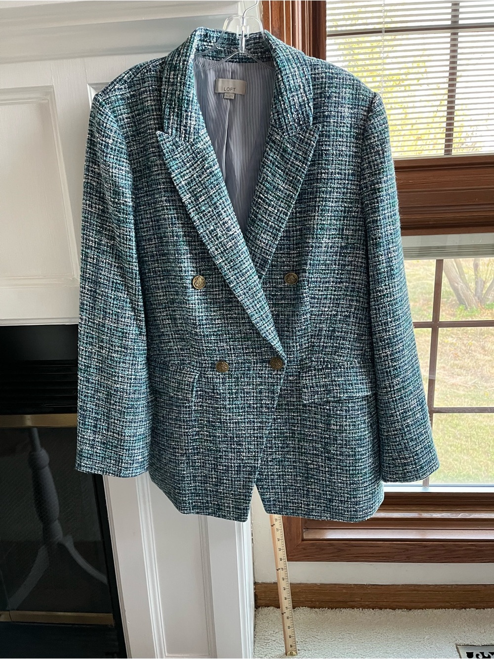 LOFT Teal, Navy and Cream Tweed Double-Breasted Blazer